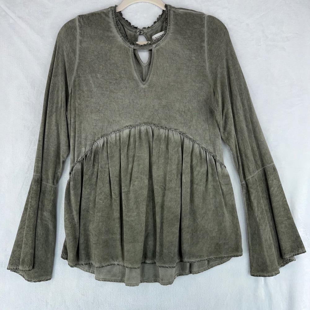 Knox Rose Womens Olive Green Bell Sleeve Babydoll Peplum Top Size M Keyhole Neck